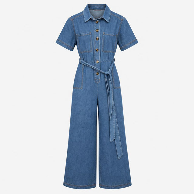 Jumpsuit Denim Short Sleeve Belted Utility Mid Blu