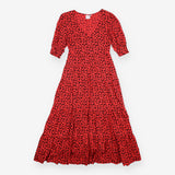 Midi Dress Red Leopard Print Tiered Puff Sleeve