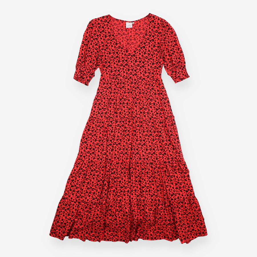 Midi Dress Red Leopard Print Tiered Puff Sleeve