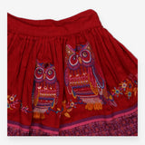 Skirt Woven Red Sequin Owls and Flowers Appliques