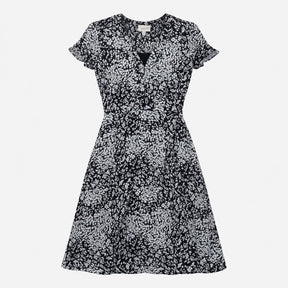 Black White Floral Ditsy Print Short Sleeve V-Neck