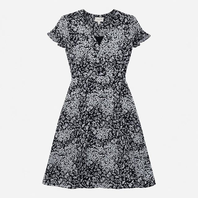 Black White Floral Ditsy Print Short Sleeve V-Neck