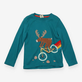 Tee Teal Blue with Caribou on a Bike Applique