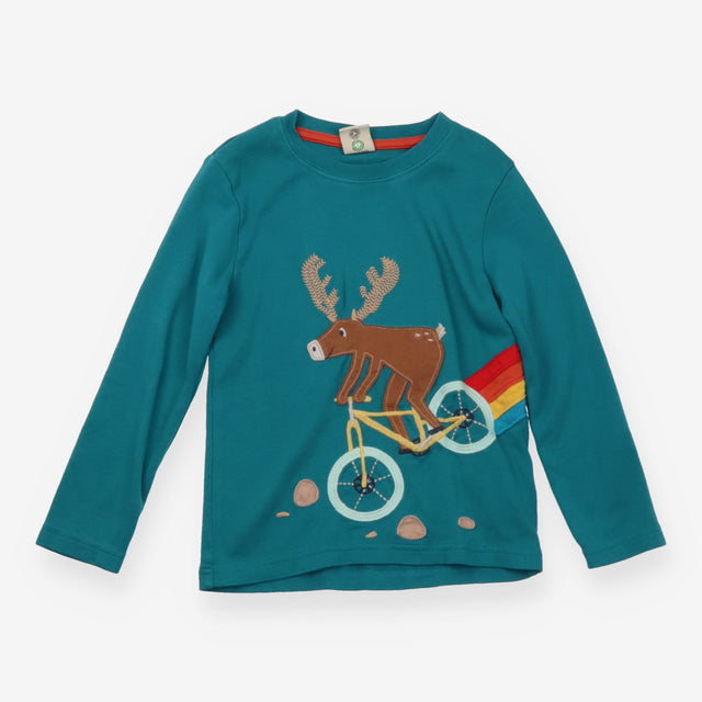 Tee Teal Blue with Caribou on a Bike Applique