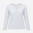 Top White Blue Leaf Print V-Neck Long Sleeve Cotto