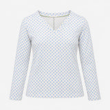 Top White Blue Leaf Print V-Neck Long Sleeve Cotto