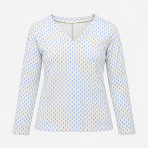 Top White Blue Leaf Print V-Neck Long Sleeve Cotto