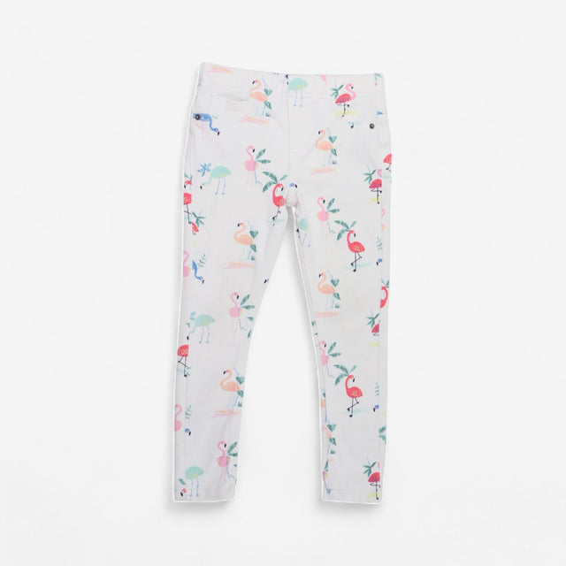 White flamingo print stretchy jeans