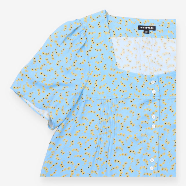 Blouse Blue Floral Print Viscose Short Sleeve Squa