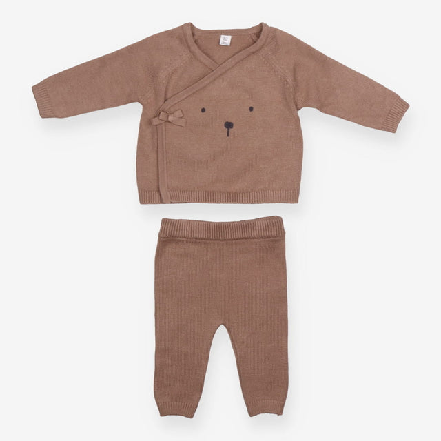 Outfit brown knit wrap top LS bear face leggings