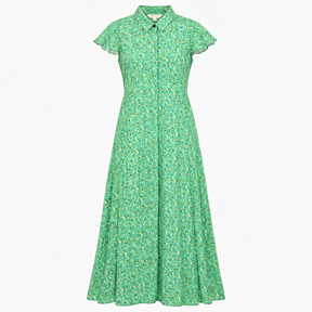 Green Printed Maxi Shirt Dress Short Sleeve