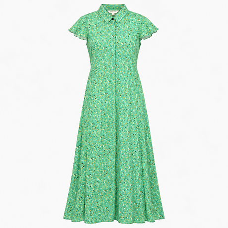 Green Printed Maxi Shirt Dress Short Sleeve