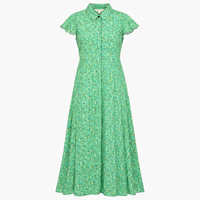 Green Printed Maxi Shirt Dress Short Sleeve