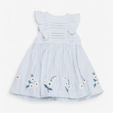 Dress Blue Ticking Stripe with Embroidered Flowers
