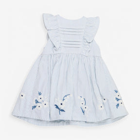 Dress Blue Ticking Stripe with Embroidered Flowers