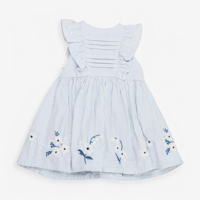 Dress Blue Ticking Stripe with Embroidered Flowers