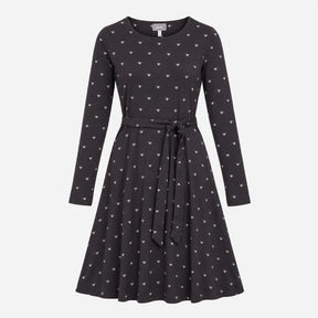 Dress Black Bee Print Long Sleeve Belted Midi