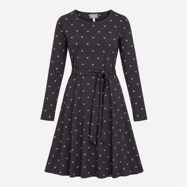 Dress Black Bee Print Long Sleeve Belted Midi