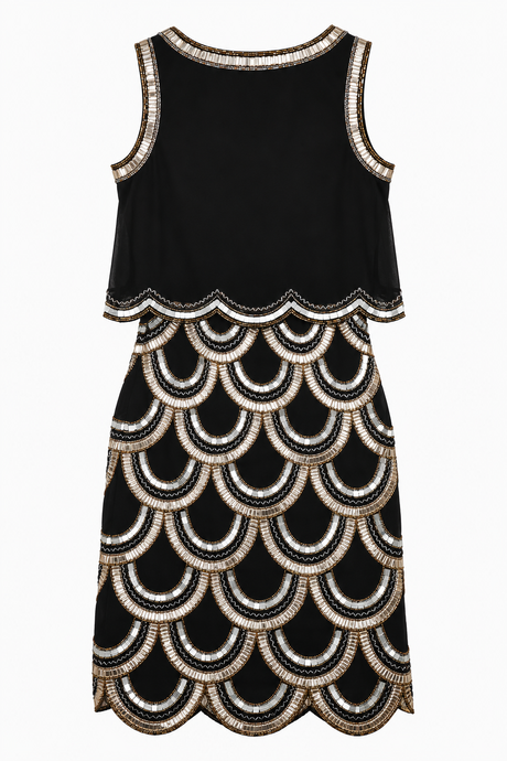 Black Beaded Scallop Two-Piece Maxi Dress