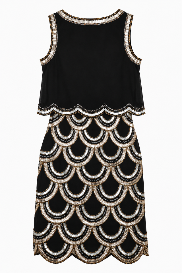 Black Beaded Scallop Two-Piece Maxi Dress
