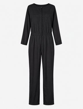 Long Sleeve Button Front Viscose Jumpsuit Black