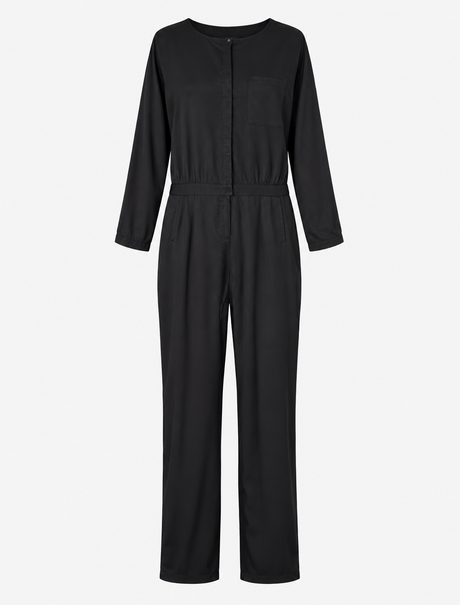 Long Sleeve Button Front Viscose Jumpsuit Black