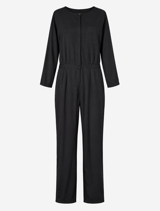 Long Sleeve Button Front Viscose Jumpsuit Black