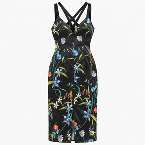 Floral Print Cross Back Strappy Sheath Midi Dress 