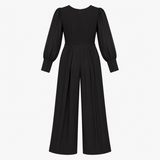 Wide Leg Jumpsuit Black Silk Blend Sheer Sleeve