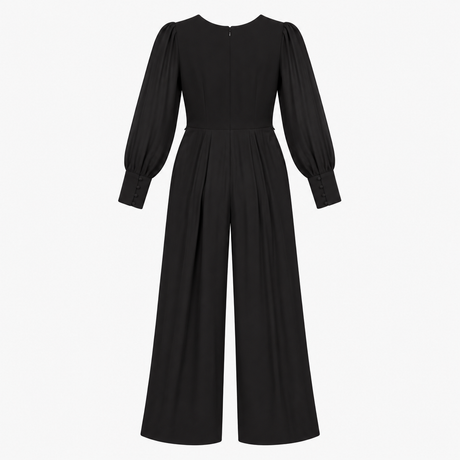 Wide Leg Jumpsuit Black Silk Blend Sheer Sleeve