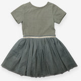 Dress SS green gold stripe top net spot skirt