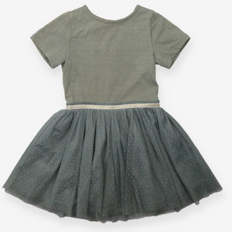 Dress SS green gold stripe top net spot skirt