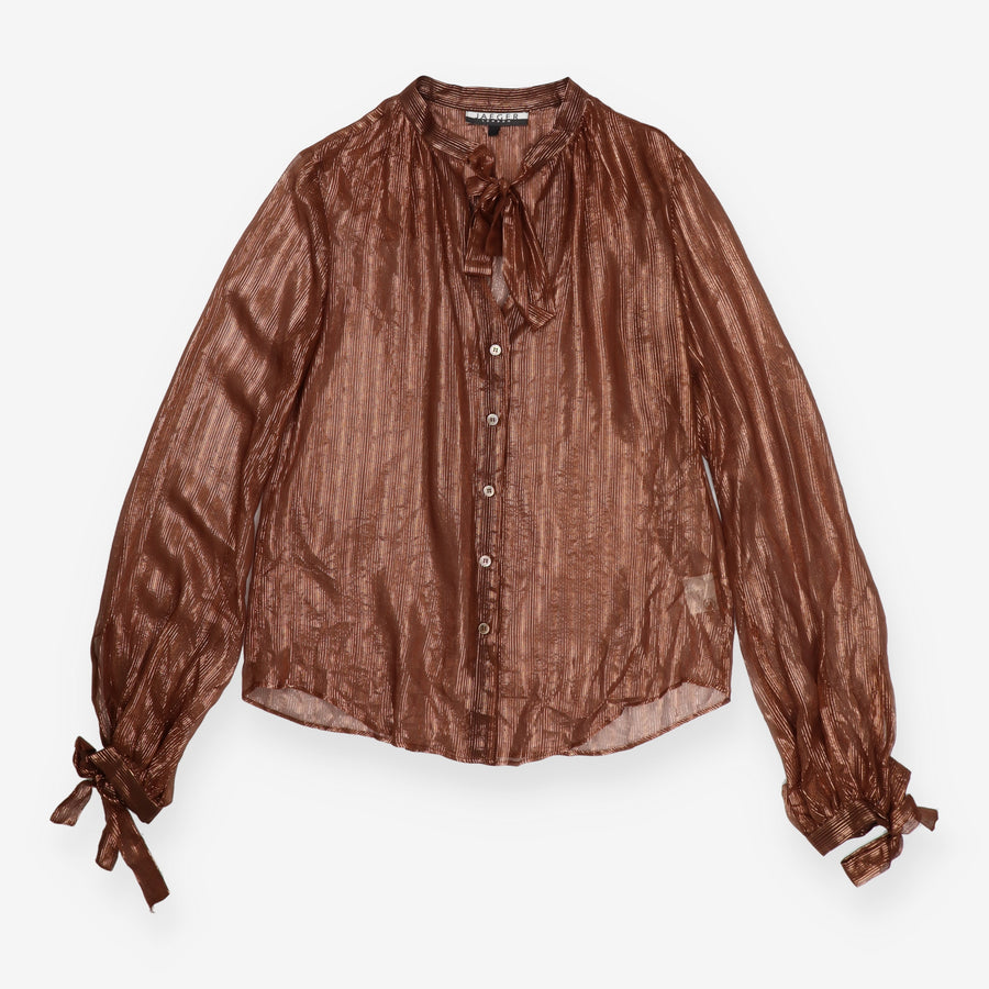 Bronze Metallic Sheer Silk Blend Tie Neck Pleated 