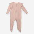 Sleepsuit Pink Ribbed with Zip and Ruffle Shoulder