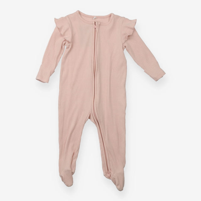 Sleepsuit Pink Ribbed with Zip and Ruffle Shoulder
