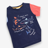 T-Shirt Navy Blue and Red Sleeves Shark Types