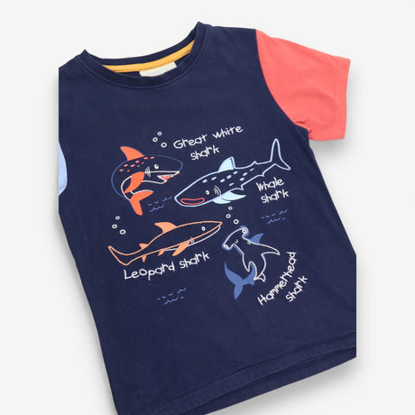 T-Shirt Navy Blue and Red Sleeves Shark Types