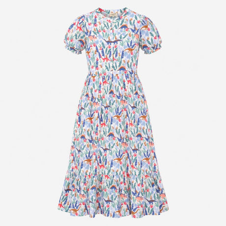 Tiered Midi Dress Dinosaur Botanical Print
