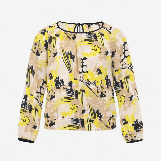 Blouse Yellow Beige Floral Print Long Sleeves Blac