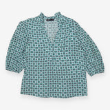 Blue Green Geometric V‑Neck Blouse – 3/4 Sleeve