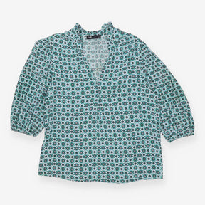 Blue Green Geometric V‑Neck Blouse – 3/4 Sleeve