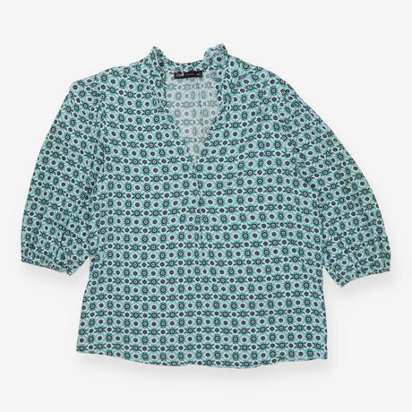 Blue Green Geometric V‑Neck Blouse – 3/4 Sleeve