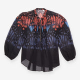 Printed Blouse Black Orange Blue Pleated Zip Front