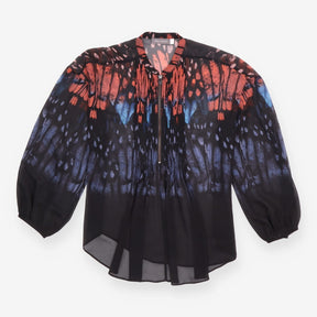 Printed Blouse Black Orange Blue Pleated Zip Front