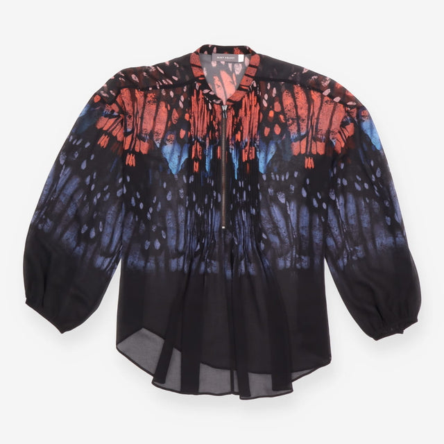 Printed Blouse Black Orange Blue Pleated Zip Front