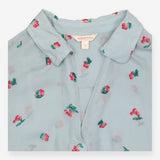 Blouse Pale Blue Cherry Print Tie Cuff Long Sleeve