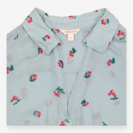 Blouse Pale Blue Cherry Print Tie Cuff Long Sleeve