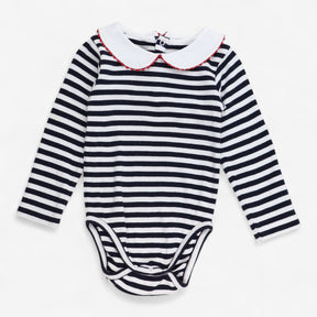 Bodysuit Long Sleeve Collared Navy and White Strip
