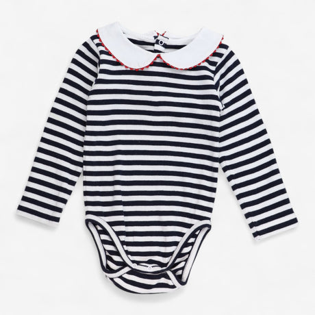 Bodysuit Long Sleeve Collared Navy and White Strip