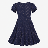 Dress Navy Pink Polka Dot V Neck Midi Fit Flare